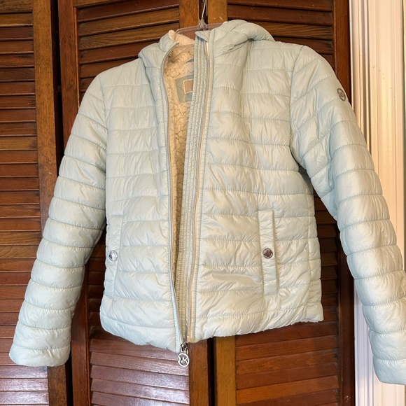 SOLD Michael Kors Girls Puffer Coat Pale Blue With Faux Fur Lining & Hood 10/12 - Picture 3 of 14